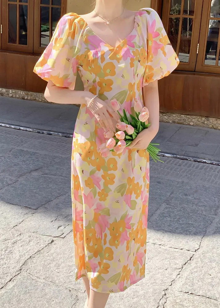 FLYTONN- French V Neck Print Side Open Cotton Long Dress Summer XX050
