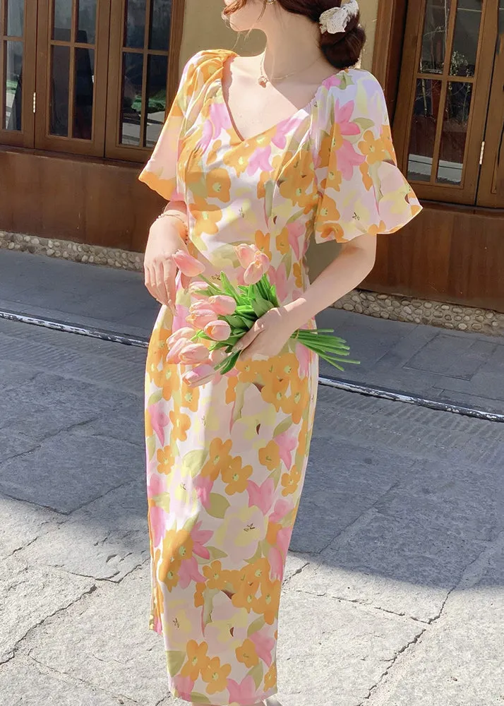 FLYTONN- French V Neck Print Side Open Cotton Long Dress Summer XX050