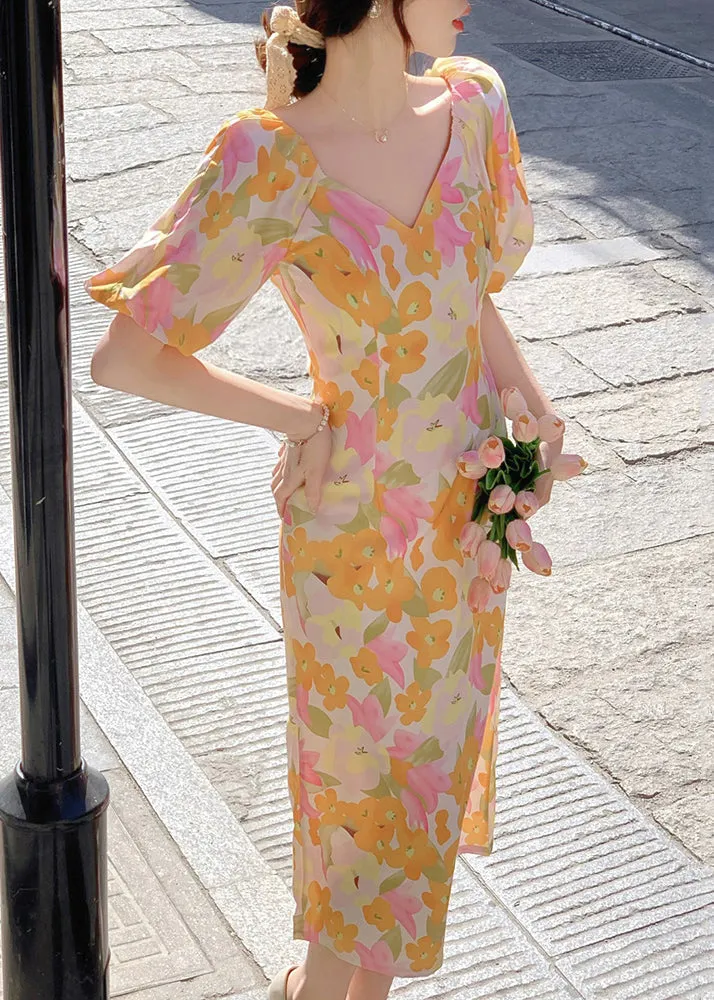 FLYTONN- French V Neck Print Side Open Cotton Long Dress Summer XX050