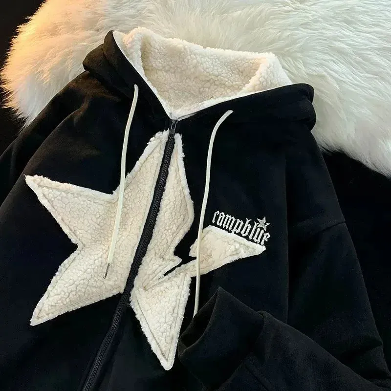 Flytonn- Streetwear y2k 90s Fashion Patch five-star cashmere thickened jacket womens 2022 new loose casual casual casual ins fashion jacket winter clothes women y2k