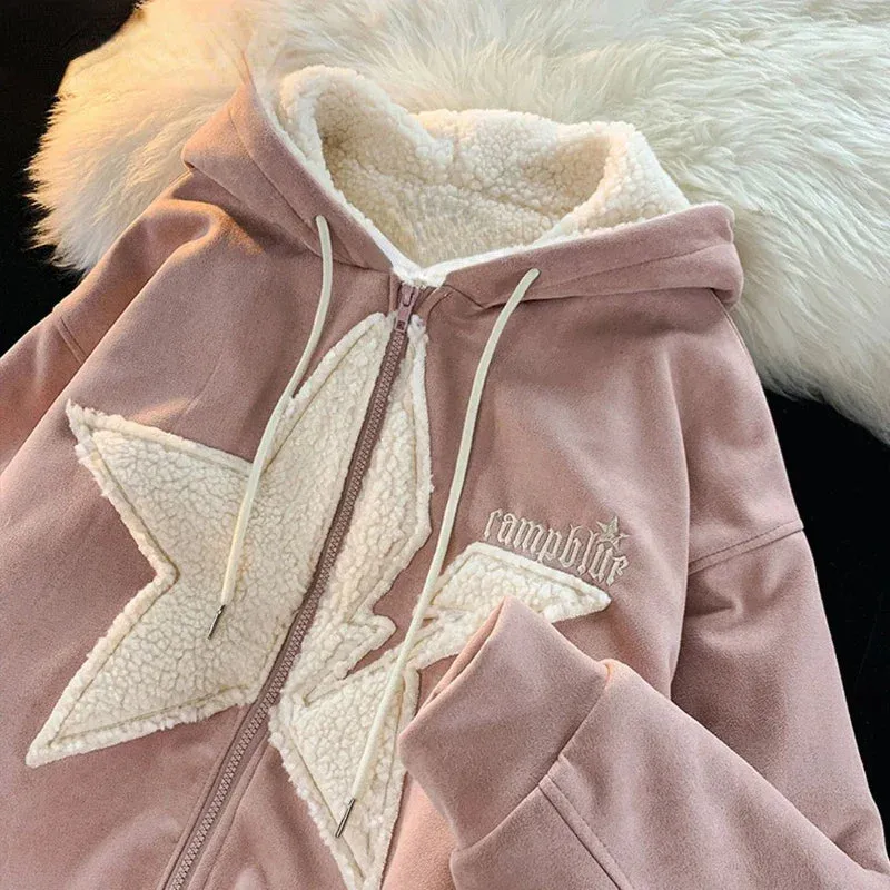Flytonn- Streetwear y2k 90s Fashion Patch five-star cashmere thickened jacket womens 2022 new loose casual casual casual ins fashion jacket winter clothes women y2k