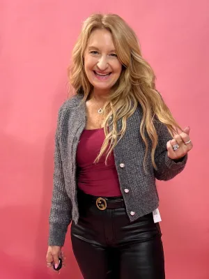 Found You Faux Pearl Button Down Cardigan in Grey