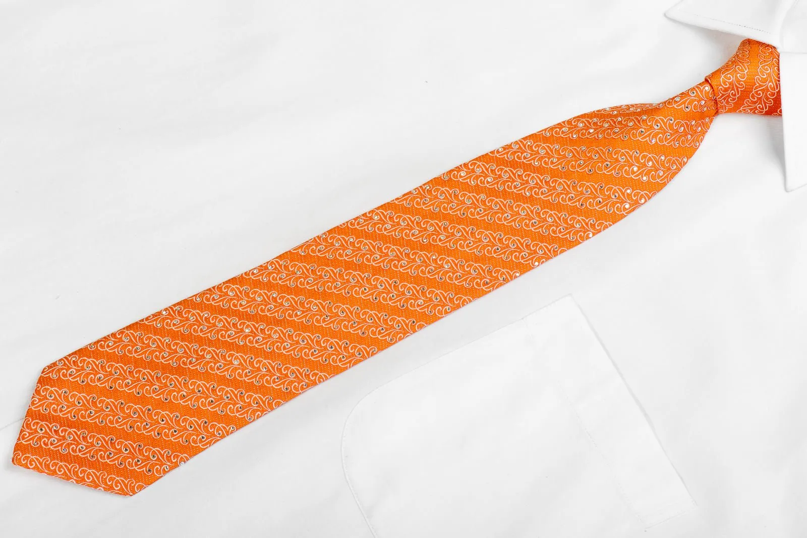 Franco Ferraro Mens Silk Rhinestone Necktie White Filigree On Orange With Silver Sparkles