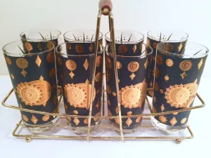 Fred Press - Signed Mid-Century Celestial/Atomic Burst 22-Karat Gold & Black Glasses (Set of 8 with Carrier)