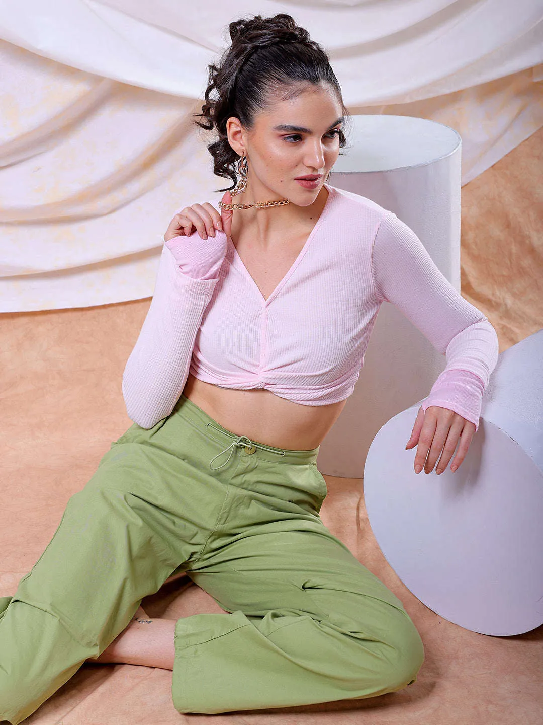 Freehand Women Pink Fitted Solid V-Neck Regular