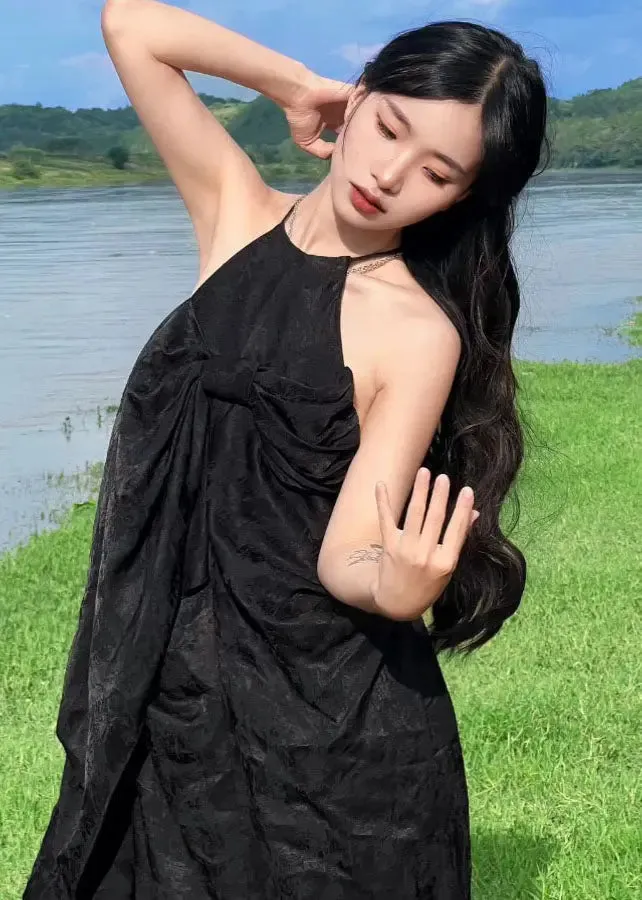 French Black Halter Bow Wrinkled Maxi Dress Summer ML3046