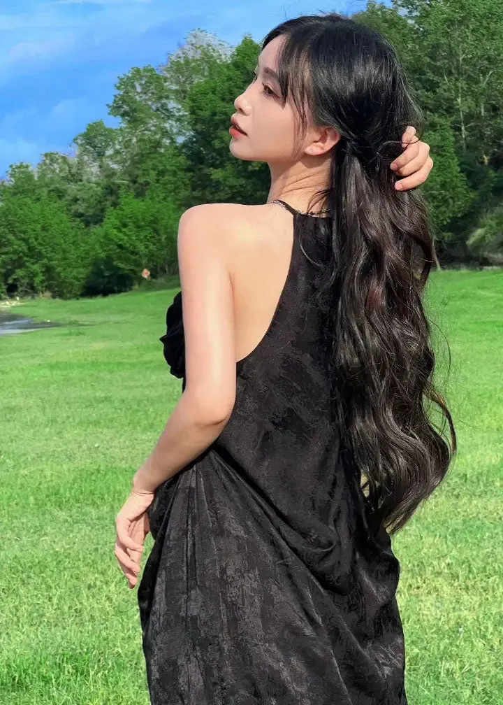 French Black Halter Bow Wrinkled Maxi Dress Summer ML3046