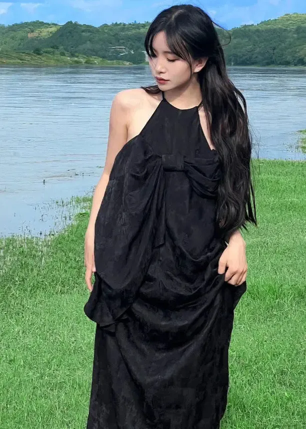 French Black Halter Bow Wrinkled Maxi Dress Summer ML3046