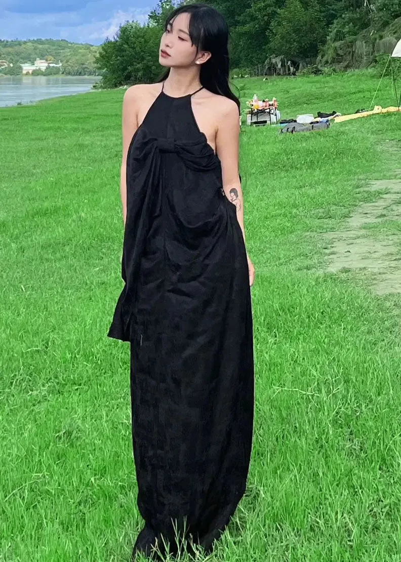 French Black Halter Bow Wrinkled Maxi Dress Summer ML3046