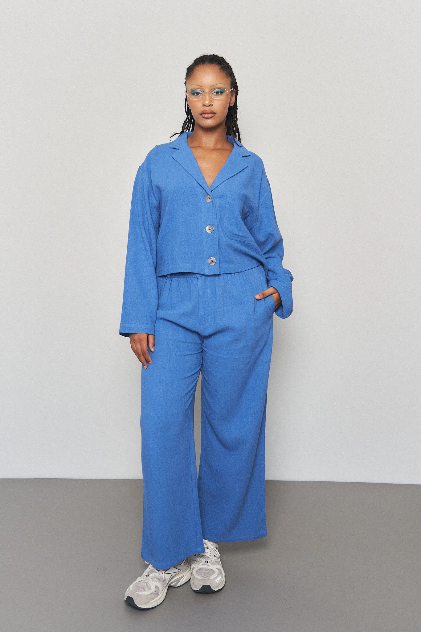 French Blue Linen Straight Leg Trousers