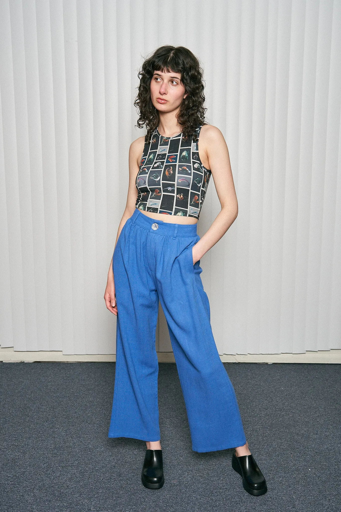 French Blue Linen Straight Leg Trousers