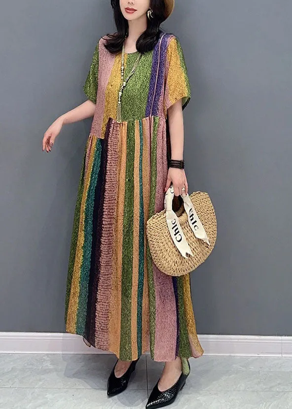 French Colorblock O Neck Wrinkled Patchwork Silk Dress Summer LY7282