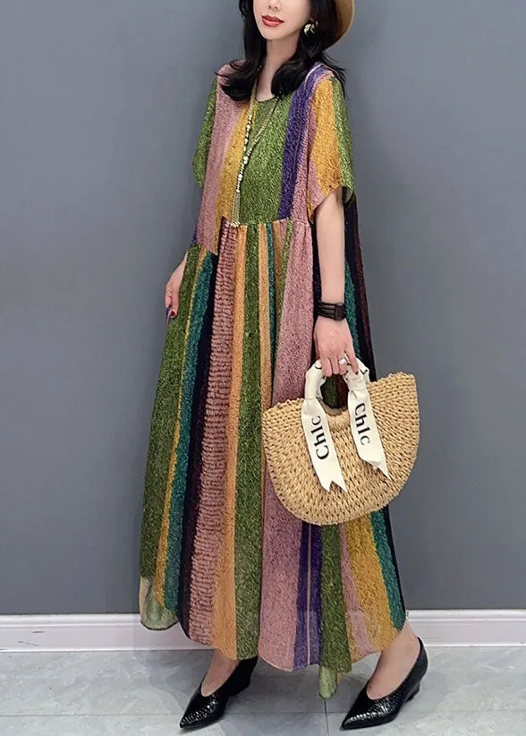 French Colorblock O Neck Wrinkled Patchwork Silk Dress Summer LY7282