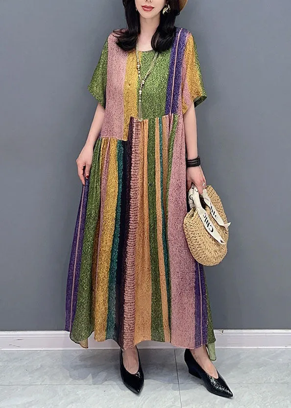 French Colorblock O Neck Wrinkled Patchwork Silk Dress Summer LY7282