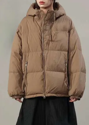French Khaki Hooded Pockets Thick Duck Down Puffer Jacket Winter