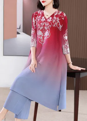 French Red V Neck Print Gradient Color A Line Dress Two Pieces Set Summer LY2719