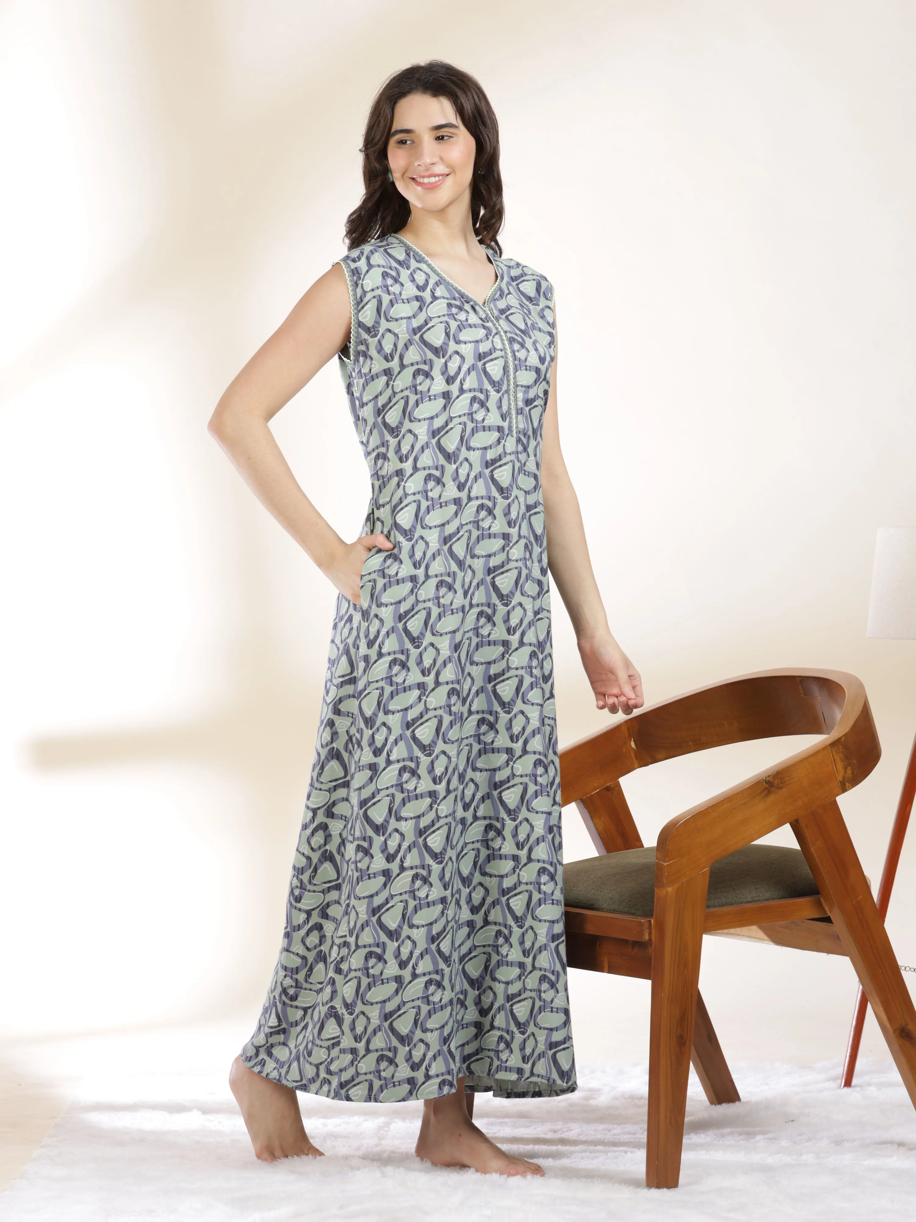 Fresh Mitsy Mint Alpine Sleeveless Designer Nighty