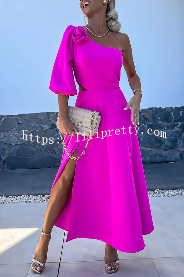 Full of Charm Rose Embellished One Shoulder Cutout Slit Midi Dress