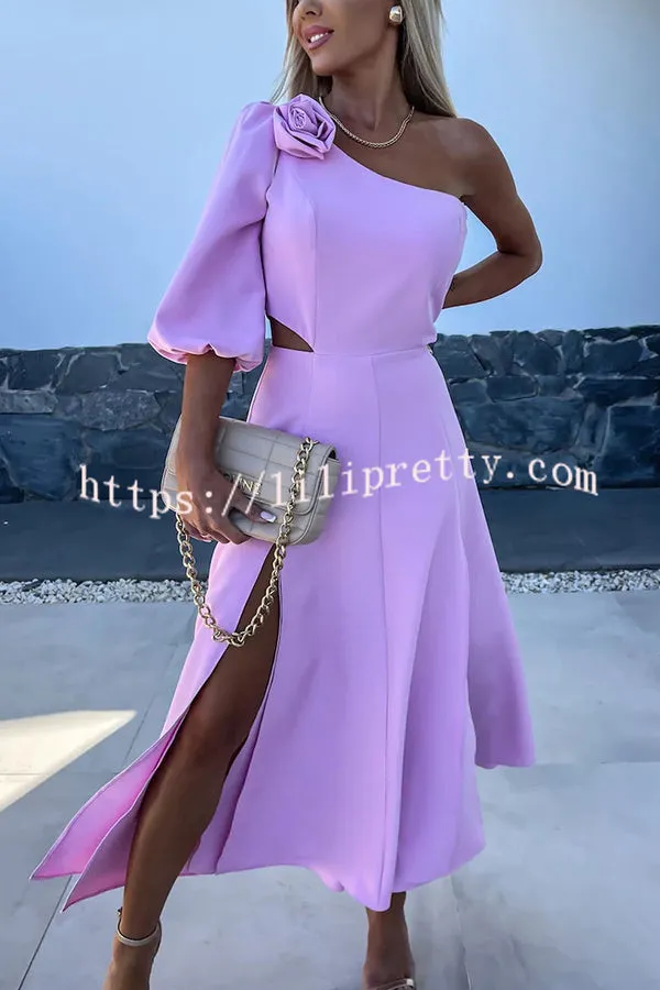 Full of Charm Rose Embellished One Shoulder Cutout Slit Midi Dress