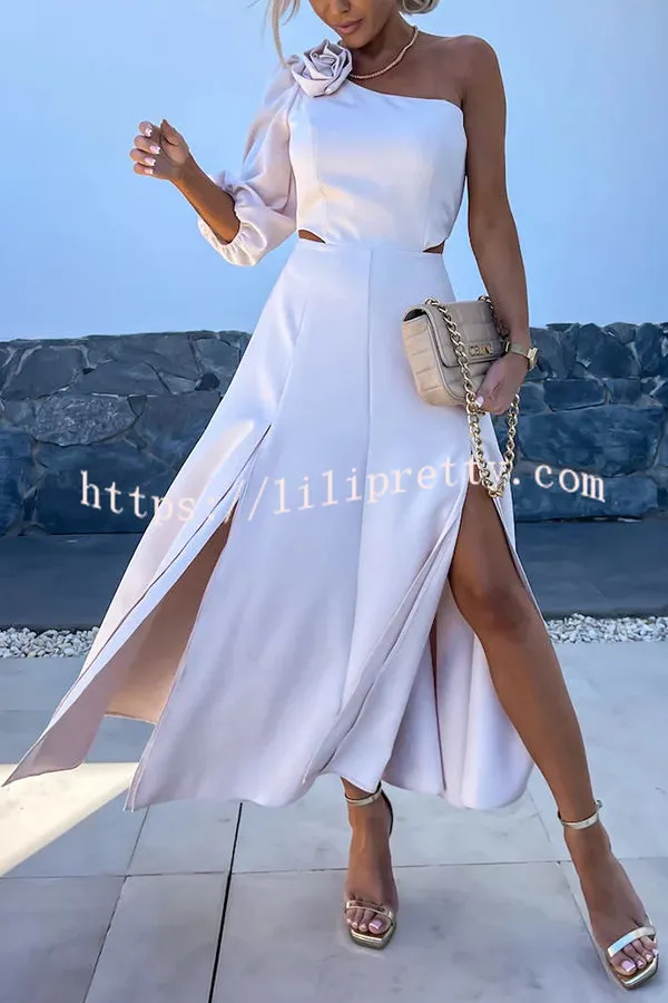 Full of Charm Rose Embellished One Shoulder Cutout Slit Midi Dress