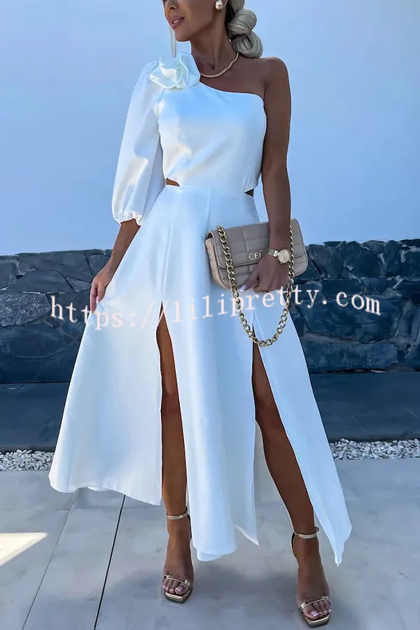 Full of Charm Rose Embellished One Shoulder Cutout Slit Midi Dress