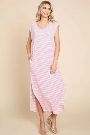Full Size Striped V-Neck Slit Dress with Pockets