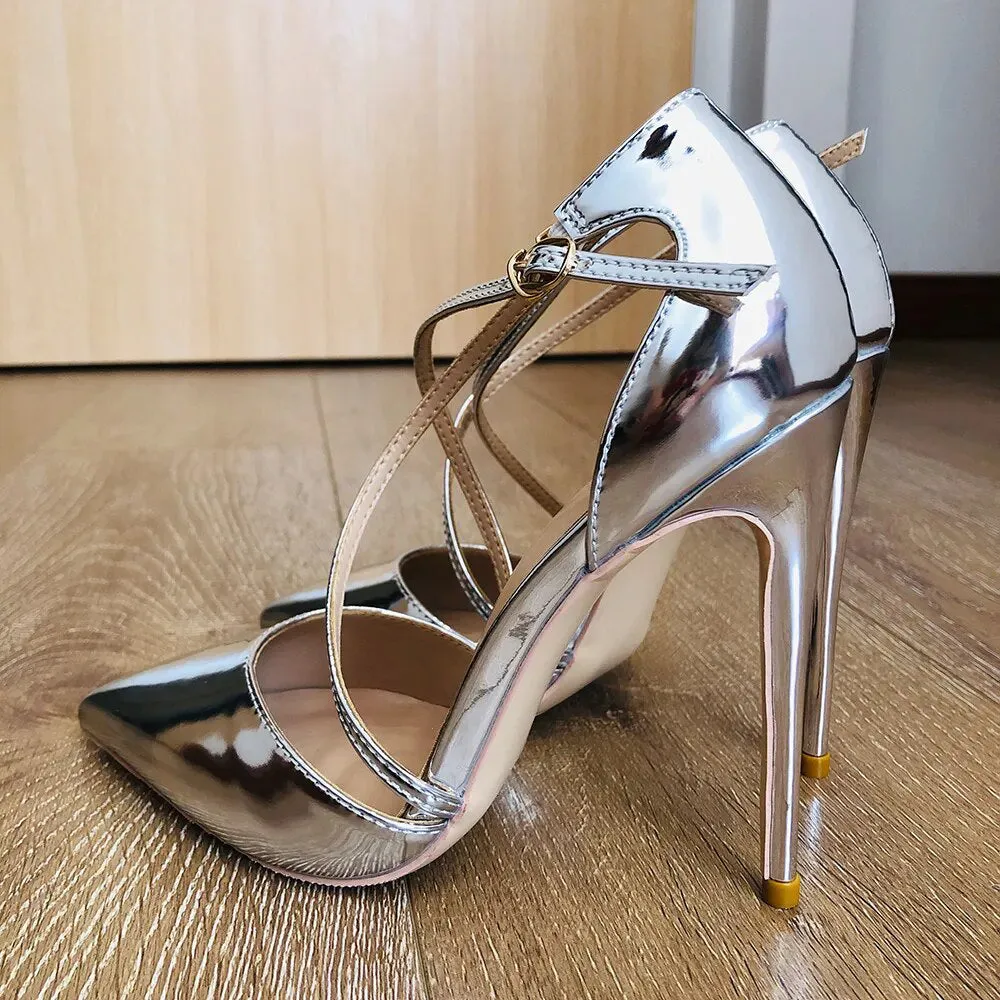 Funki Buys | Shoes | Women's Silver Cross Ankle Strap Stilettos