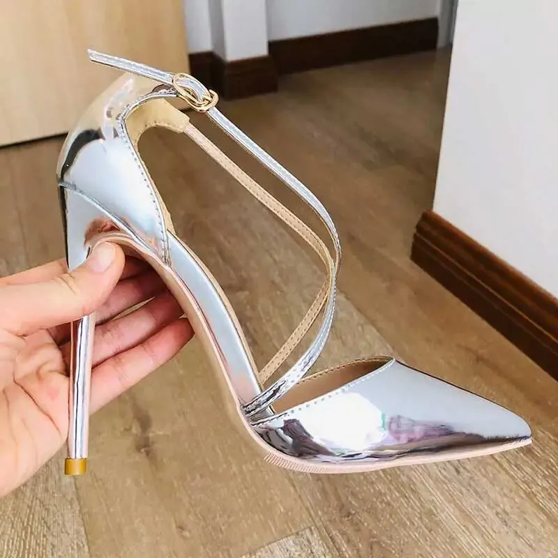 Funki Buys | Shoes | Women's Silver Cross Ankle Strap Stilettos