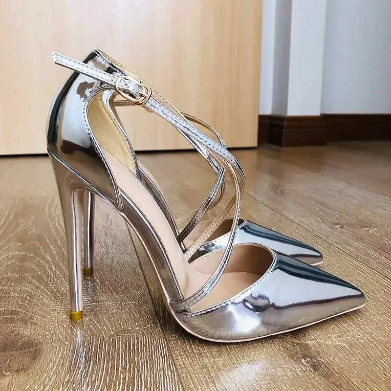 Funki Buys | Shoes | Women's Silver Cross Ankle Strap Stilettos