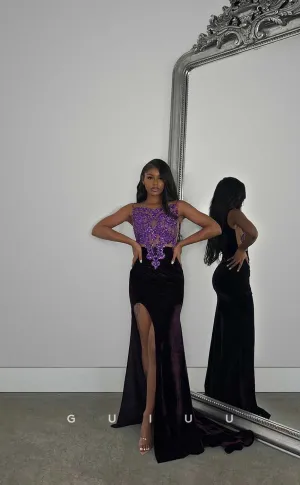 G4426 - Classic Column Sleeveless Velvet Appliques Prom Evening Dress with Slit ang Train for Black Girl Slay