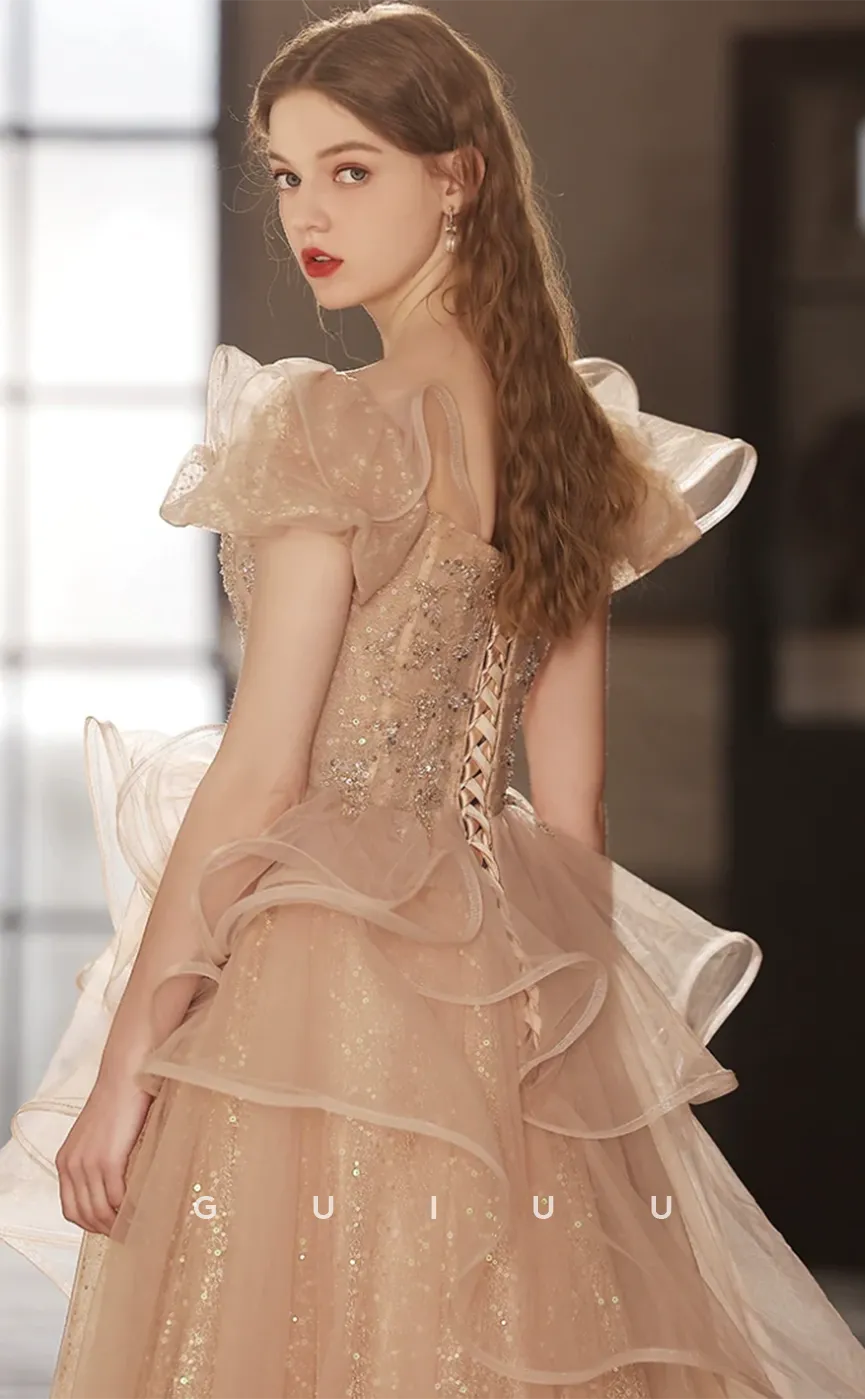 G4628 -  Elegant Champagne A-Line Off-Shoulder Tulle sequined Long Prom Dress