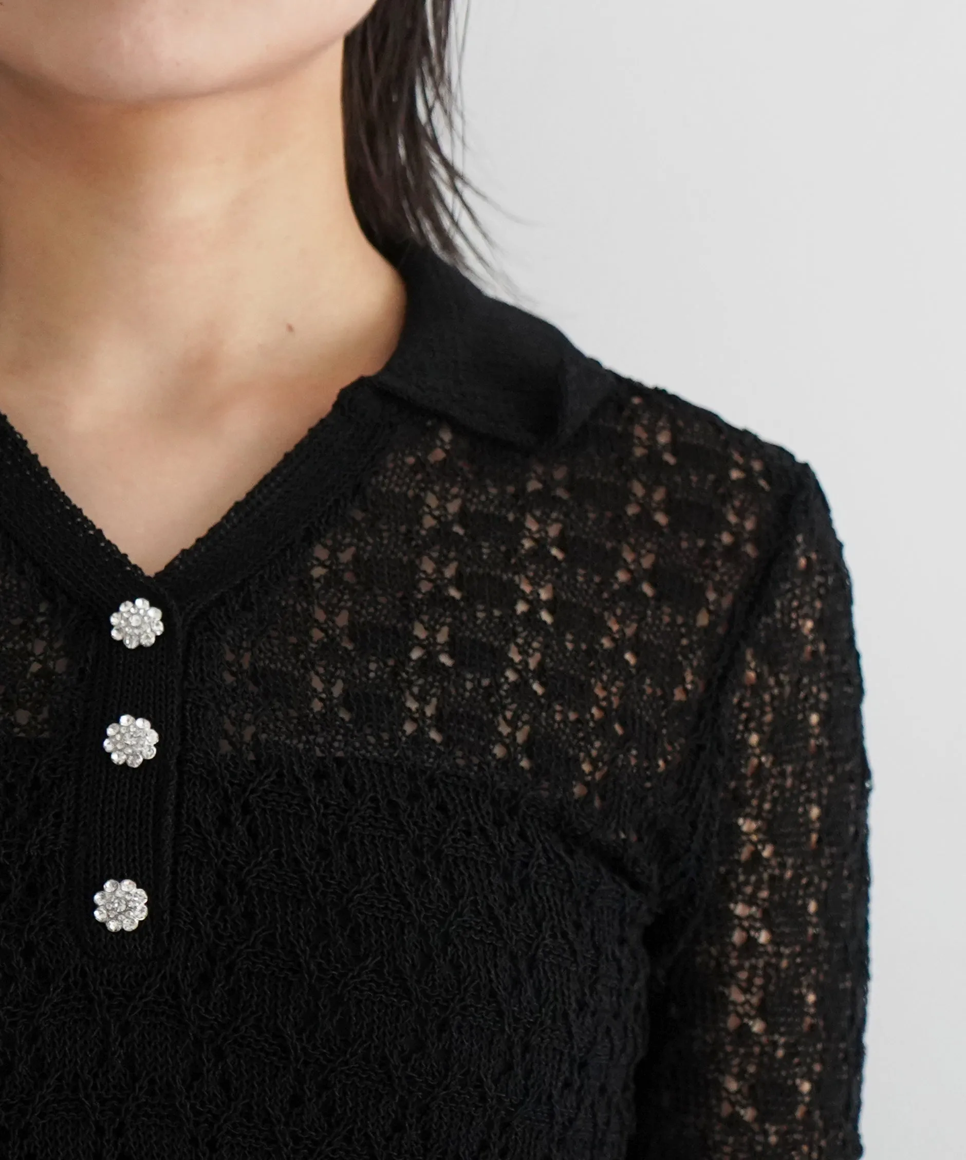GANNI Shiny Pointelle Knit Short Sleeve Polo "BLACK"