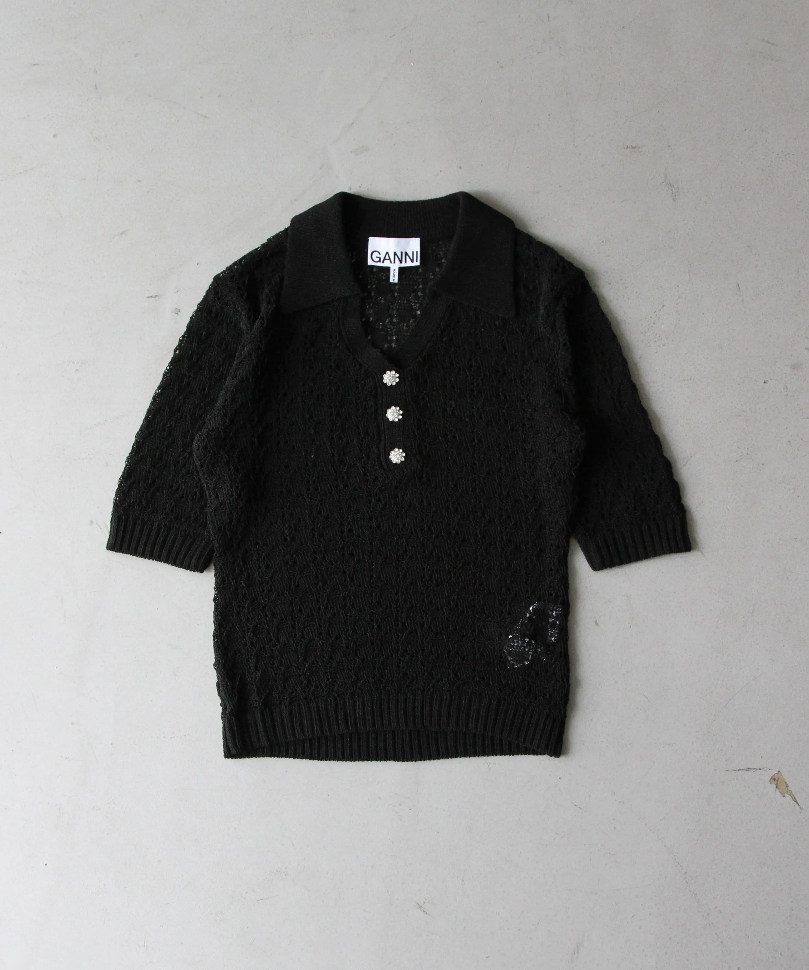 GANNI Shiny Pointelle Knit Short Sleeve Polo "BLACK"