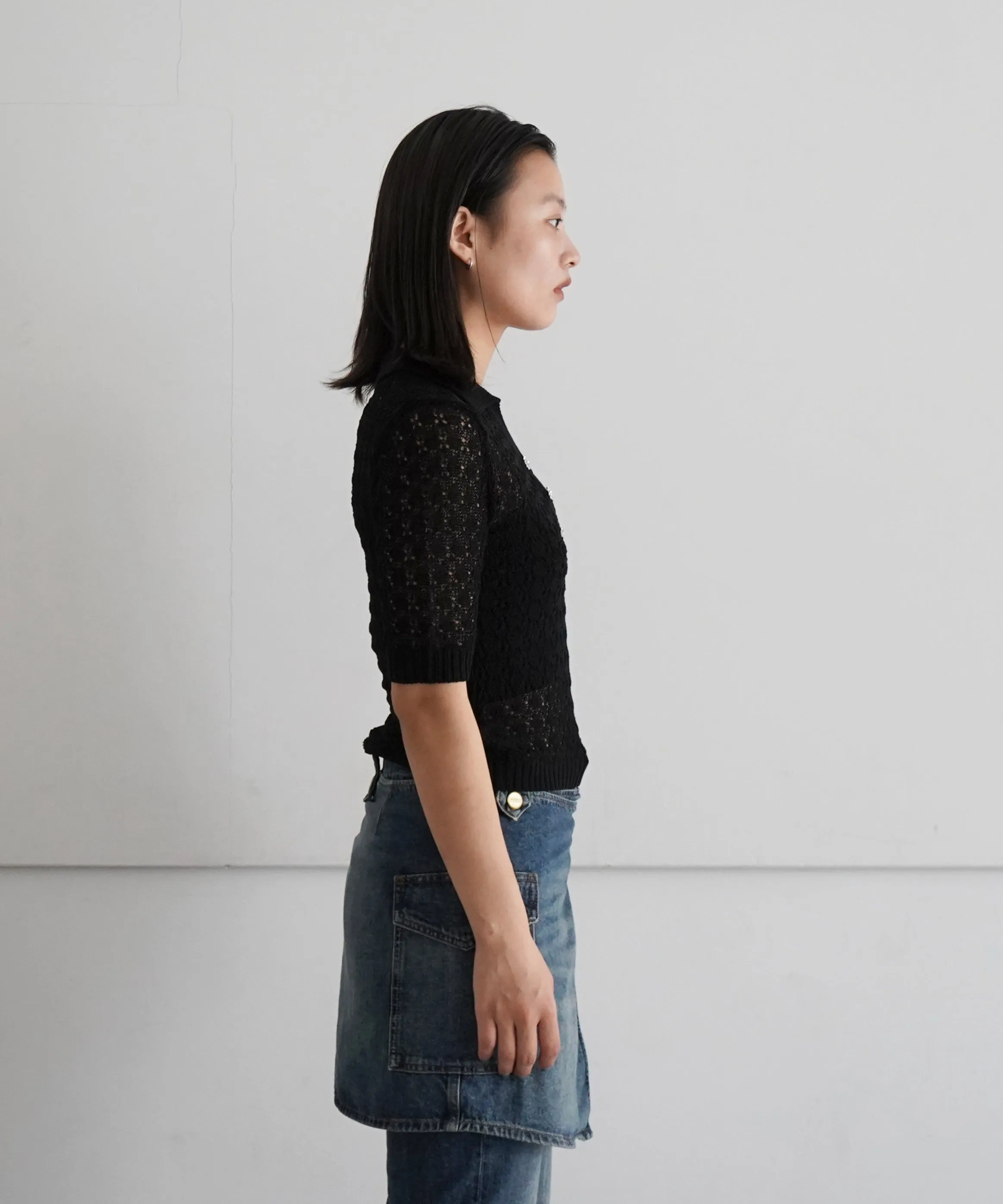 GANNI Shiny Pointelle Knit Short Sleeve Polo "BLACK"