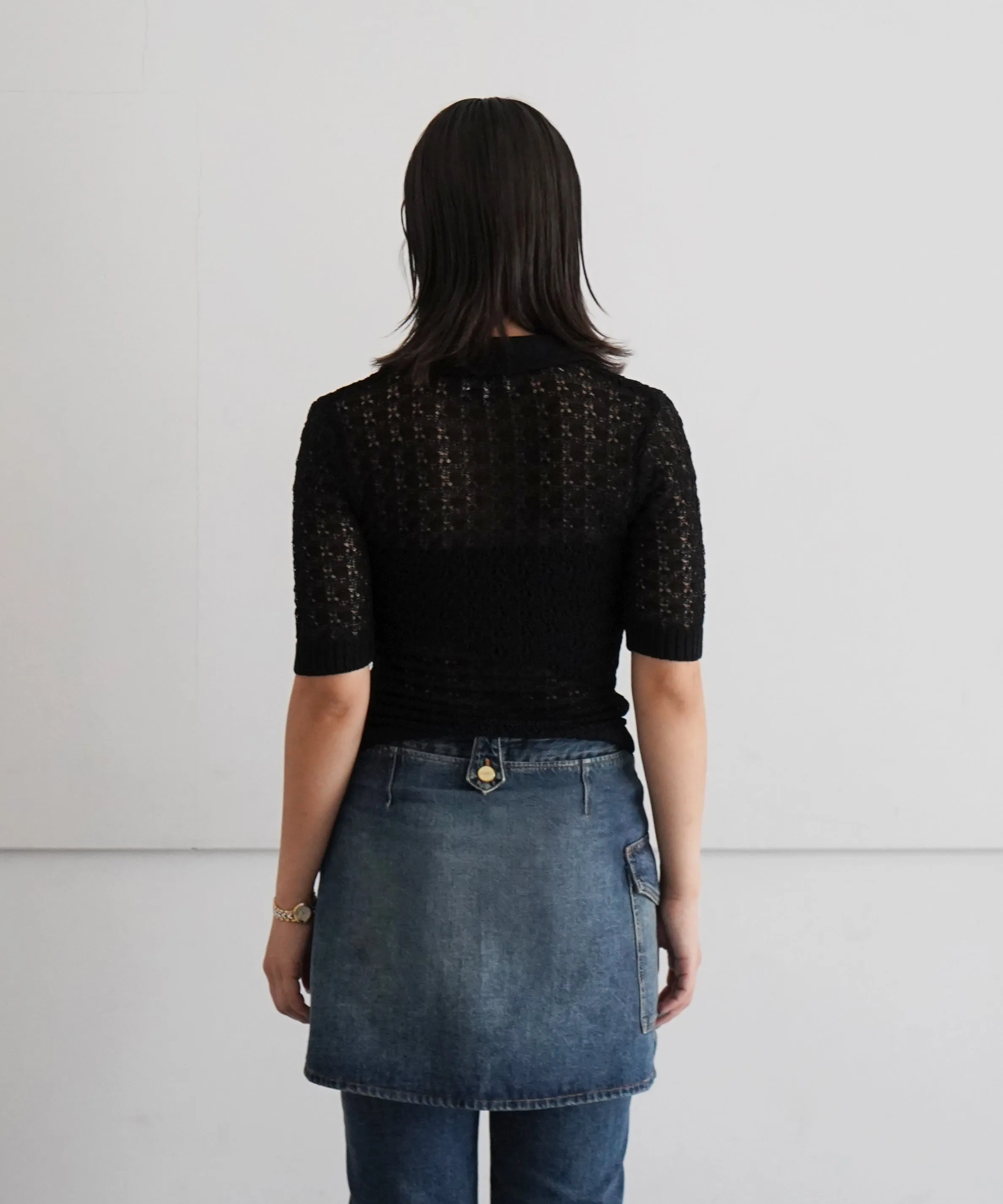 GANNI Shiny Pointelle Knit Short Sleeve Polo "BLACK"