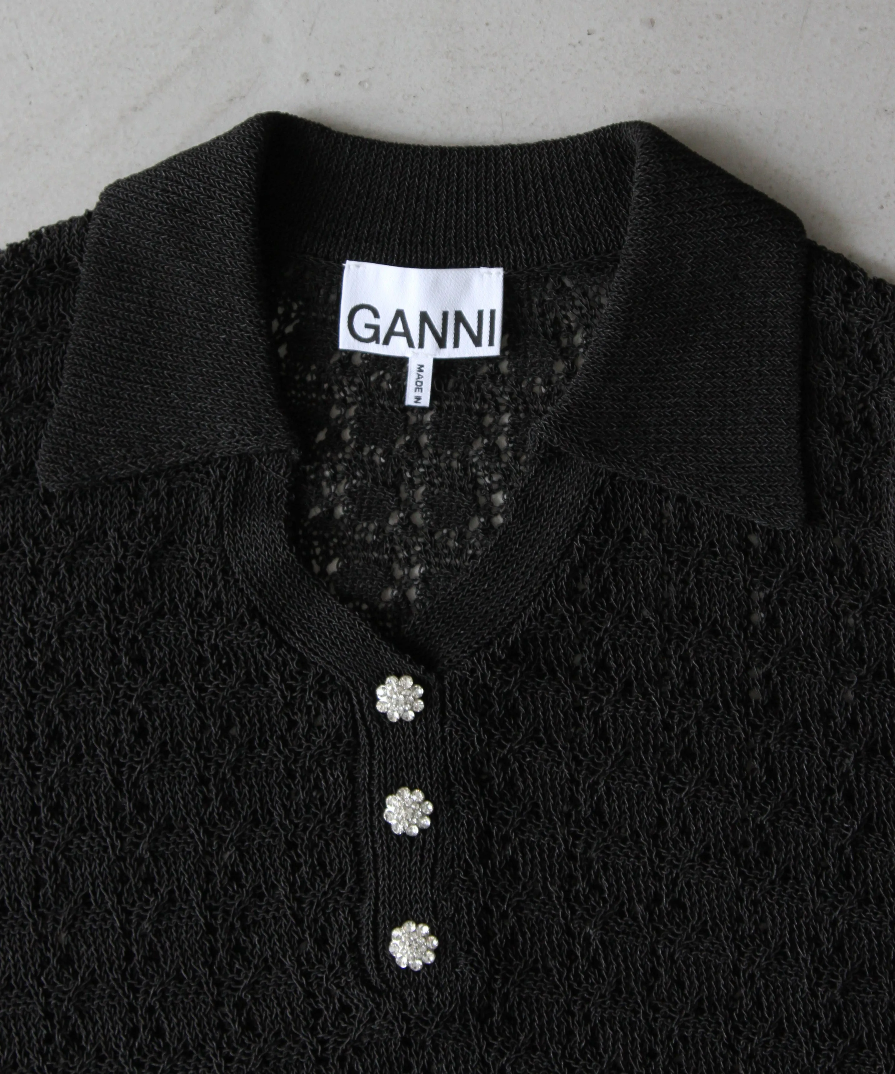 GANNI Shiny Pointelle Knit Short Sleeve Polo "BLACK"