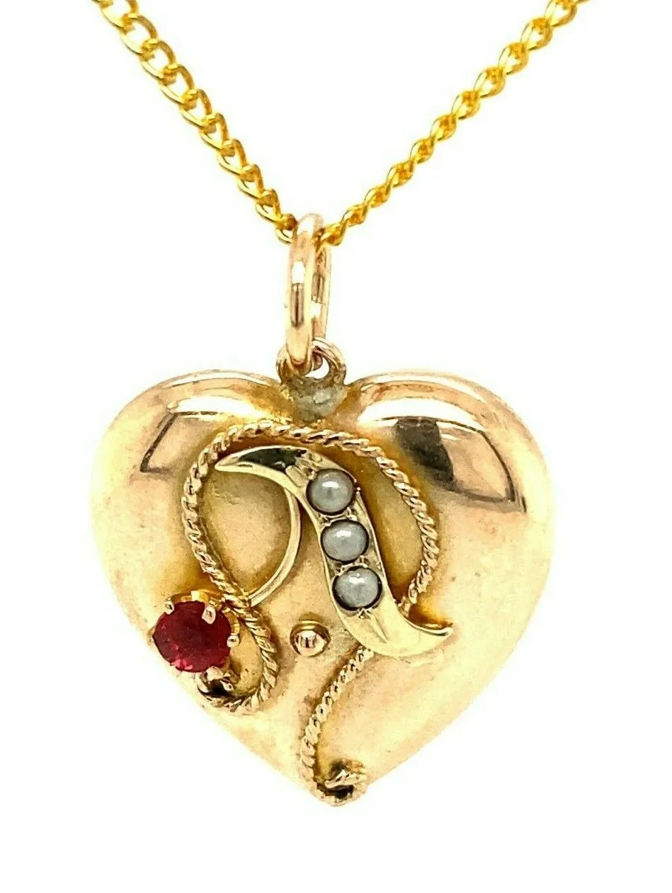 Garnet & Seed Pearl 9ct Yellow Gold Pendant Fine Vintage Jewellery