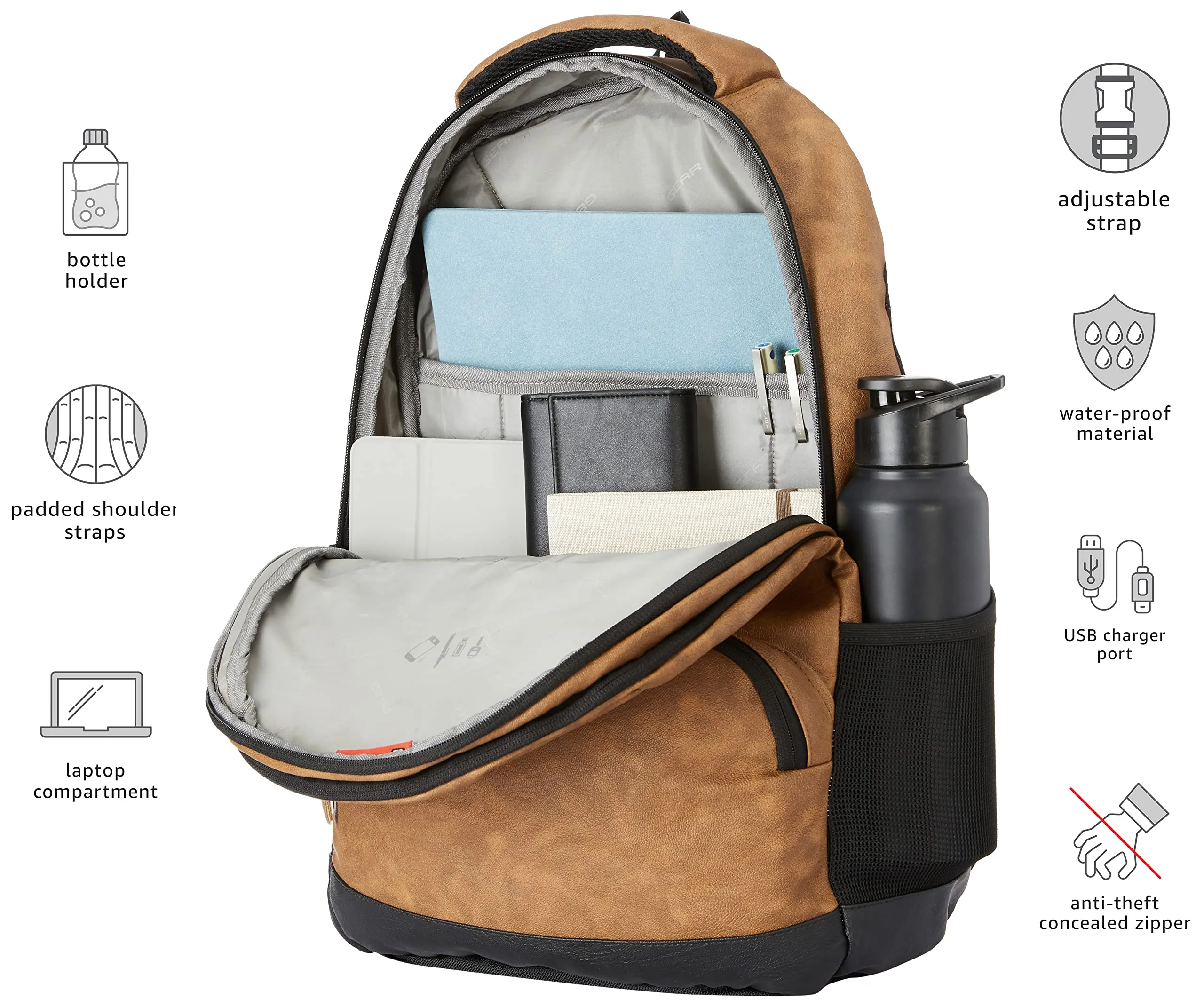 Gear Vintage2 Anti Theft Faux Leather 27 Ltrs Tan Laptop Backpack (LBPVG2LTH1901)