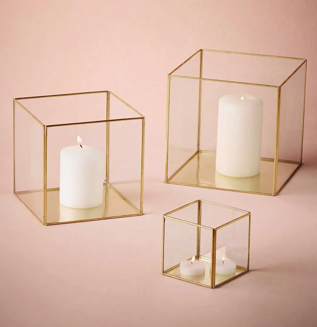 Geometric 4” Cube Glass candleholder Lantern Terrarium Vase (Gold)