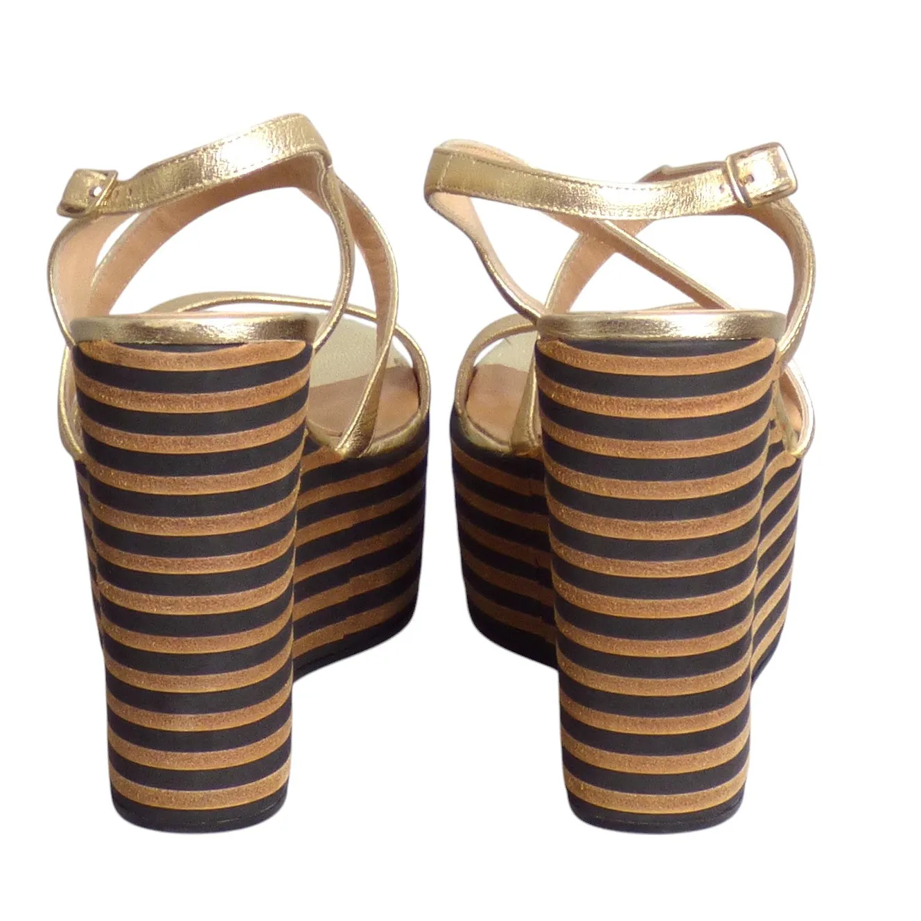 GIAMPAOLO VIOZZI- Striped Gold Wedge Plaform Sandals, Size 40