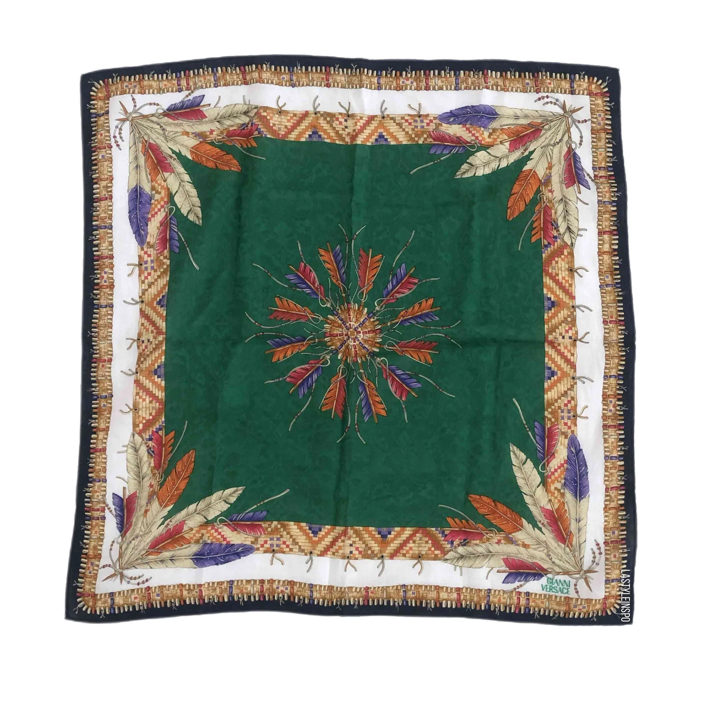 Gianni Versace Silk Neck Scarf Feathers Print Handkerchief Silk OS