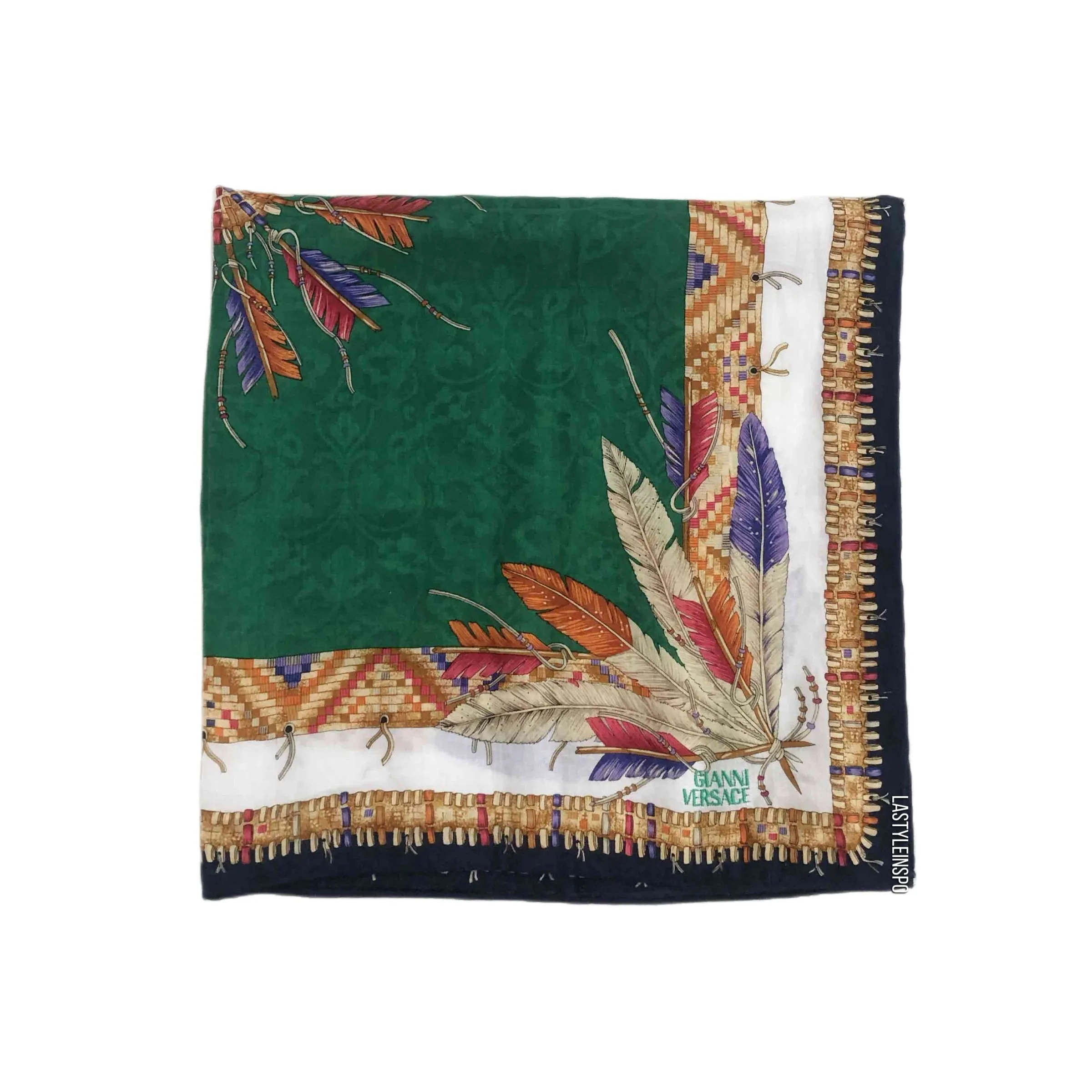 Gianni Versace Silk Neck Scarf Feathers Print Handkerchief Silk OS