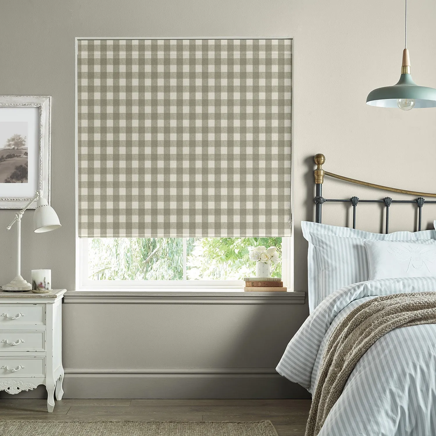 Gingham Warm Stone Made to Measure Roman Blind