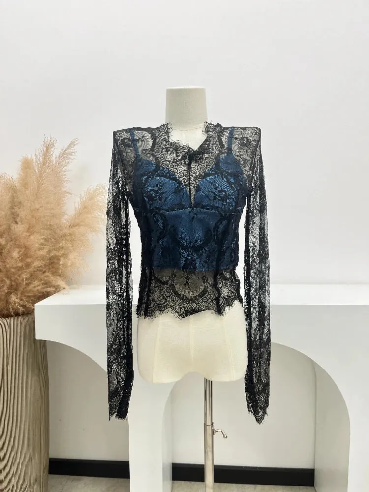 Girlary 2024 Blusas Mujer De Moda Sexy Lace Blouses for Women V Neck Long Sleeve Shirts Crop Tops Temperament Korean Chic Vintage Blouse