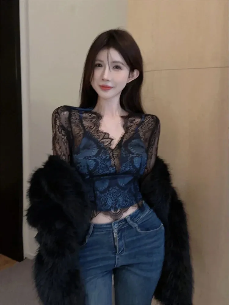 Girlary 2024 Blusas Mujer De Moda Sexy Lace Blouses for Women V Neck Long Sleeve Shirts Crop Tops Temperament Korean Chic Vintage Blouse