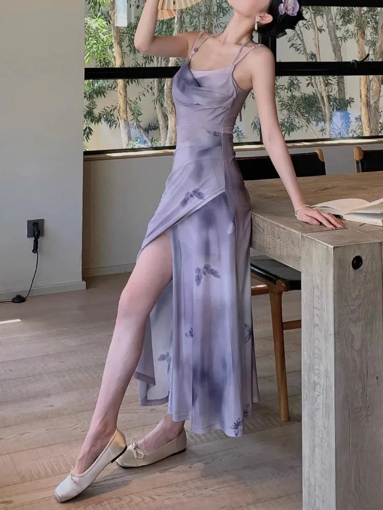 Girlary 2024 New Purple Sexy One Piece Dress Women Butterfiy Print Elegant Strap Midi Dresses Female Korean Style Slim Beach Party Dress