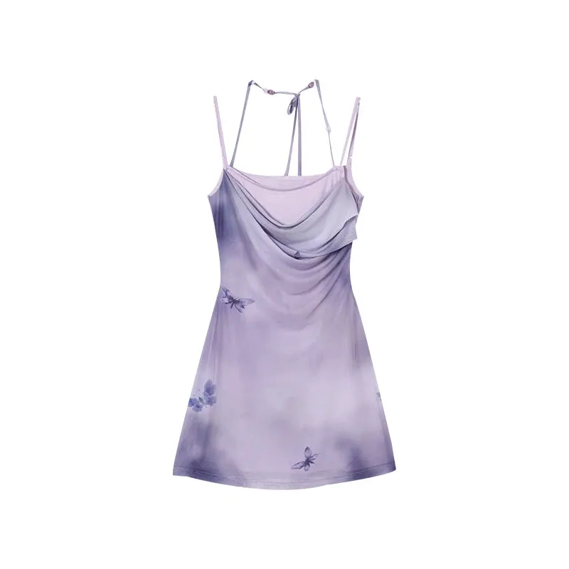 Girlary 2024 New Purple Sexy One Piece Dress Women Butterfiy Print Elegant Strap Midi Dresses Female Korean Style Slim Beach Party Dress