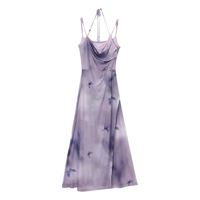Girlary 2024 New Purple Sexy One Piece Dress Women Butterfiy Print Elegant Strap Midi Dresses Female Korean Style Slim Beach Party Dress