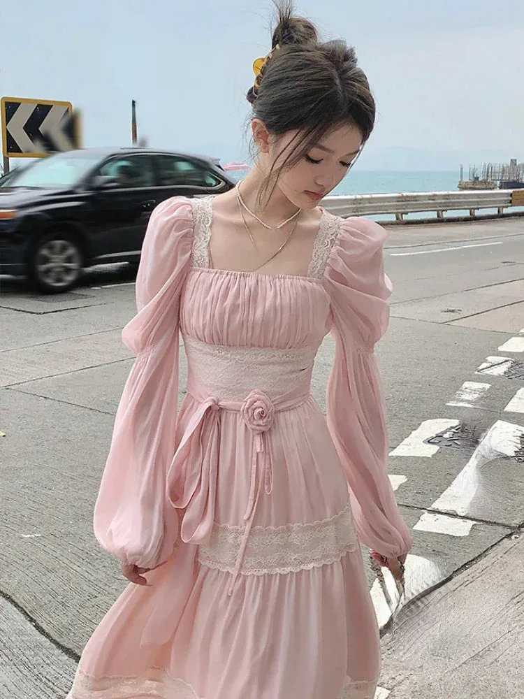 Girlary 2024 Summer Woman French Elegant Lace Midi Dress Party Long Sleeve Korean Fashion Dress Beach Chiffon Fairy Slim Dress Chic