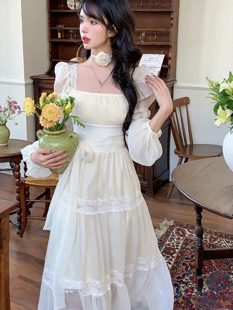 Girlary 2024 Summer Woman French Elegant Lace Midi Dress Party Long Sleeve Korean Fashion Dress Beach Chiffon Fairy Slim Dress Chic